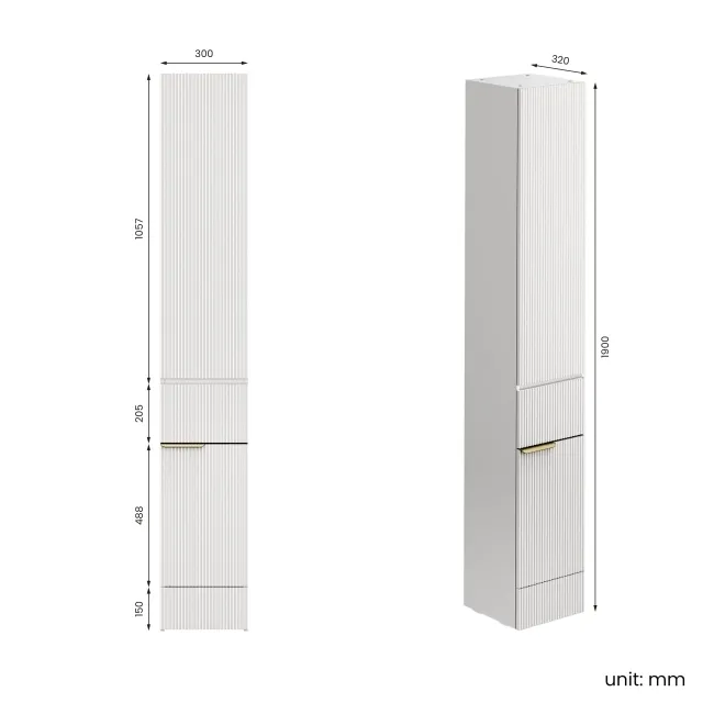 Sicily Fluted Coastal White Floor Standing Tall Cabinet Unit 1900x300mm - Brushed Brass Accents