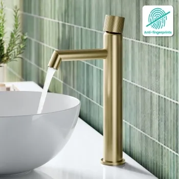 Ennis Brushed Brass High Rise Basin Mixer Tap with Knurled Detailing