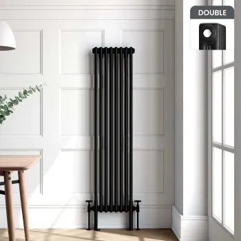Athens Matt Black Double Column Vertical Traditional Radiator 1500x380mm