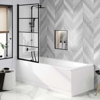 Hereford 1800x800 Square Shower Bath & 6mm Easy Clean Matt Black Grid Bath Screen