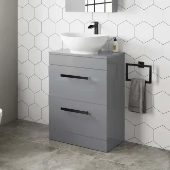 Avon Stone Grey Vanity Drawer with Oval Counter Top Basin 600mm - Black Accents