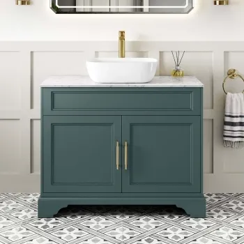 Lucia Midnight Green Vanity with Marble Top & Curved Counter Top Basin 1030mm - Brass Knurled Handles