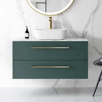 Elba Midnight Green Wall Hung Drawer Vanity with Marble Top & Curved Counter Top Basin 1000mm - Brushed Brass Accents