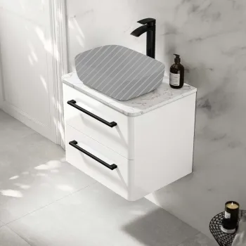 Omaha Gloss White Wall Hung Drawer Vanity with Marble Top 600mm (Excludes Counter Top Basin) - Black Accents