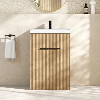 Havana Fluted Country Oak Basin Vanity 600mm - Black Accents