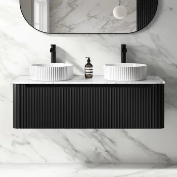 Sorrento Fluted Matt Black Double Wall Hung Drawer Vanity with Marble Top & Nevis Basin 1200mm