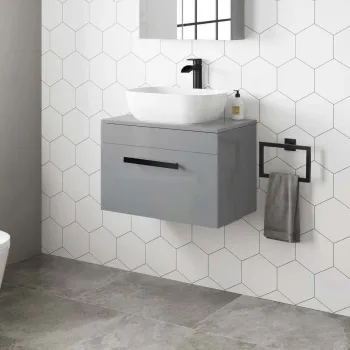 Avon Stone Grey Wall Hung Drawer Vanity with Curved Counter Top Basin 600mm - Black Accents