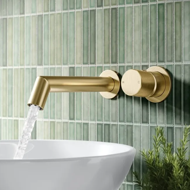 Ennis Brushed Brass Wall Mounted Basin Mixer Tap with Knurled Detailing