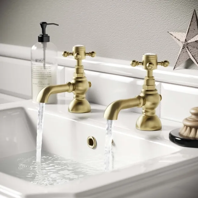 Tweed Traditional Brushed Brass Hot & Cold Basin Taps