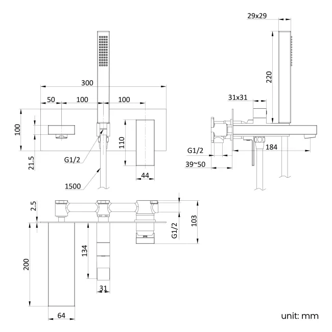 Tamar Brushed Brass Wall Mounted Bath Mixer Tap & Handheld Shower