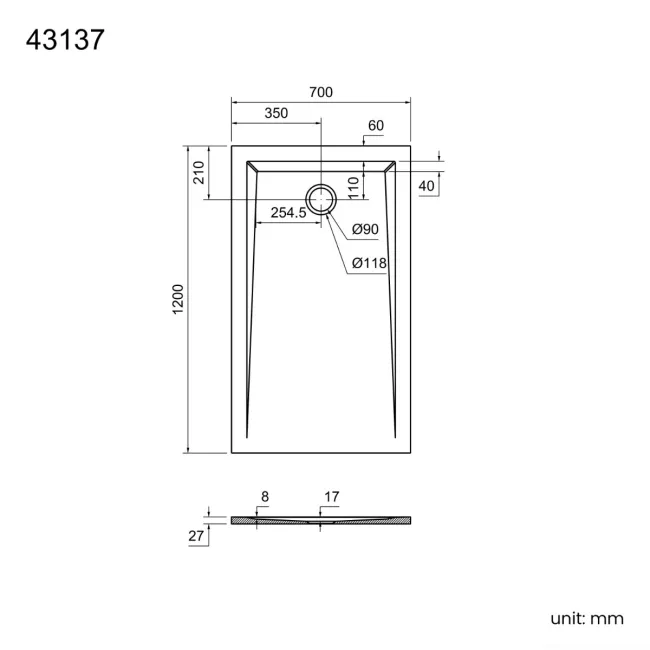 Sydney Low Profile Rectangular Gloss White Stone Shower Tray 1200x700mm