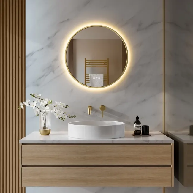 Delilah Brushed Brass Round Backlit LED Mirror With BLUETOOTH Speaker 600mm