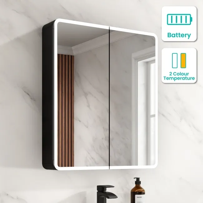 Aurora Battery Operated Matt Black Illuminated LED Mirror Cabinet 700x600mm
