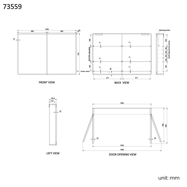 Aurora Battery Operated Matt Black Illuminated LED Mirror Cabinet 700x1000mm