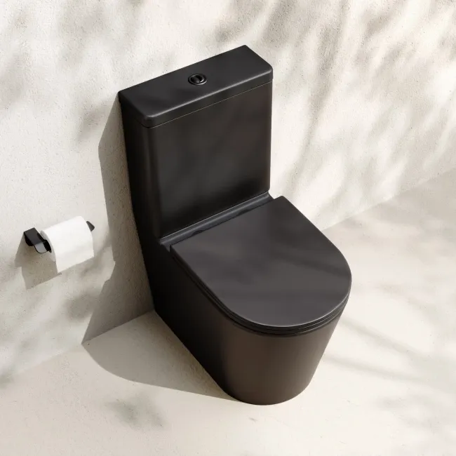 Loma Matt Black Rimless Fully Back To Wall Close Coupled Toilet With Premium Soft Close Slim Seat