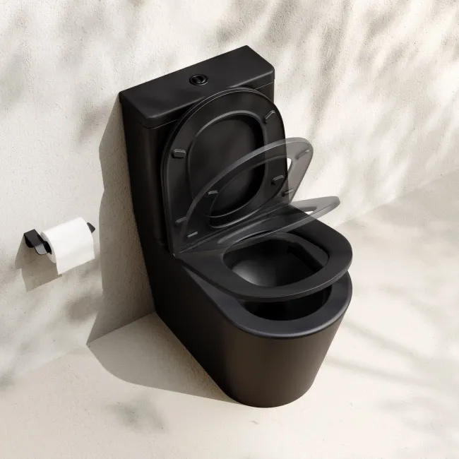 Loma Matt Black Rimless Fully Back To Wall Close Coupled Toilet With Premium Soft Close Slim Seat