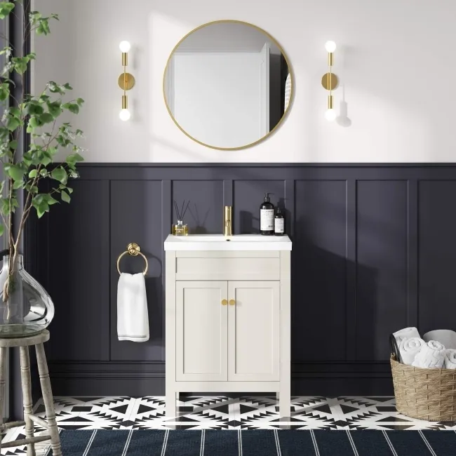 Bermuda Chalk White Basin Vanity 600mm - Brushed Brass Accents
