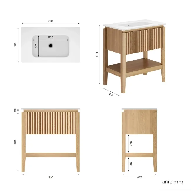 Maru Oak Wood Grain Vanity Unit 800mm