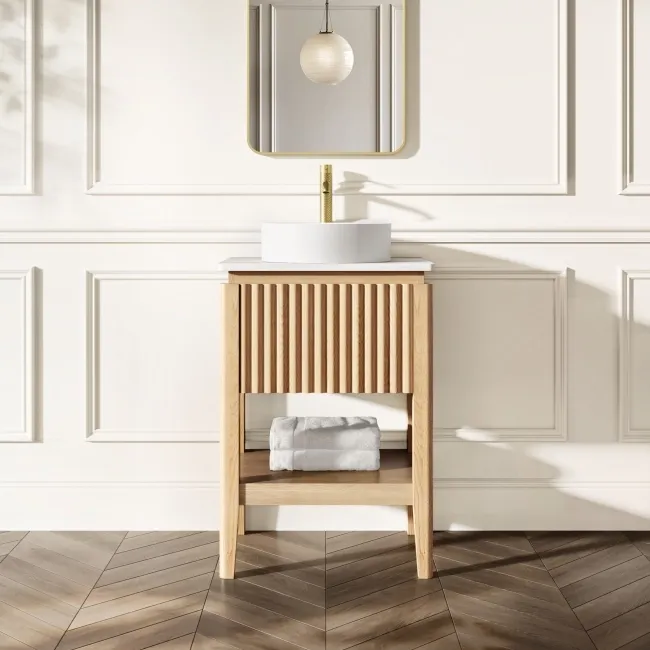 Maru Oak Wood Grain Vanity Cabinet 600mm with Matt White Stone Top - Basin Not Included