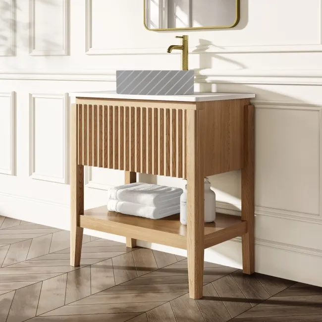 Maru Oak Wood Grain Vanity Cabinet 800mm with Matt White Stone Top - Basin Not Included