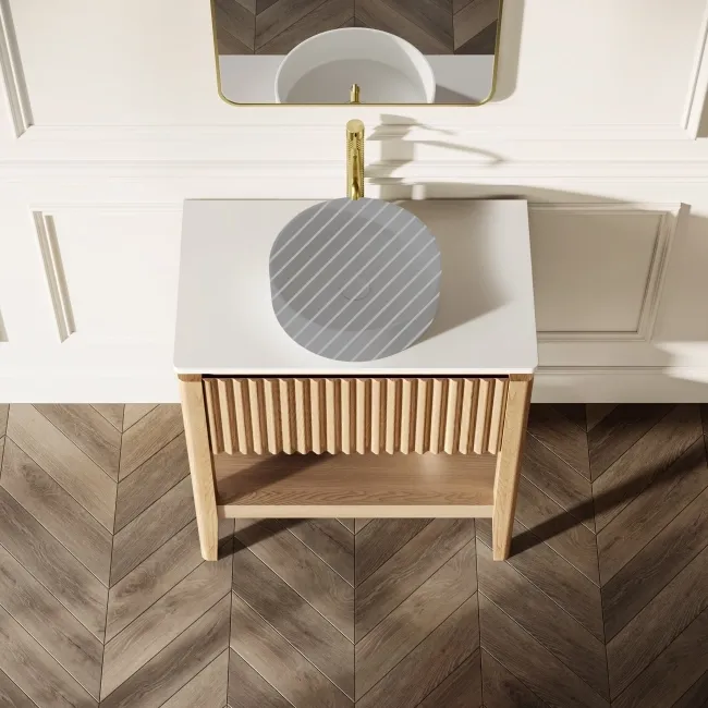 Maru Oak Wood Grain Vanity Cabinet 800mm with Matt White Stone Top - Basin Not Included