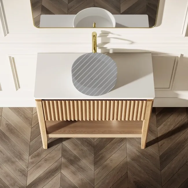 Maru Oak Wood Grain Vanity Cabinet 1000mm with Matt White Stone Top - Basin Not Included