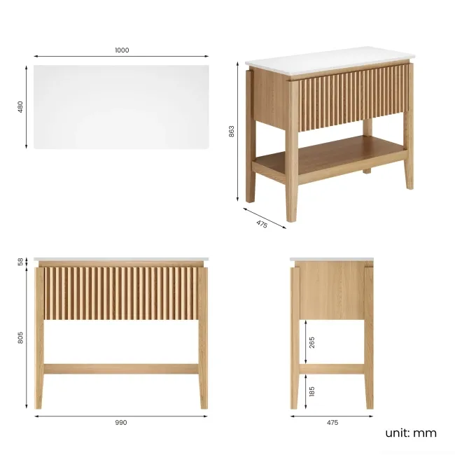 Maru Oak Wood Grain Vanity Cabinet 1000mm with Matt White Stone Top - Basin Not Included