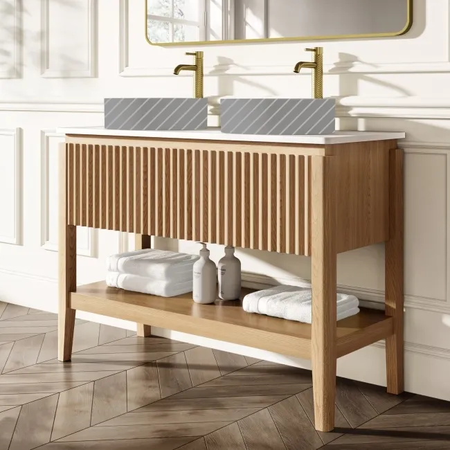 Maru Oak Wood Grain Vanity Cabinet 1200mm with Matt White Stone Top - Basin Not Included