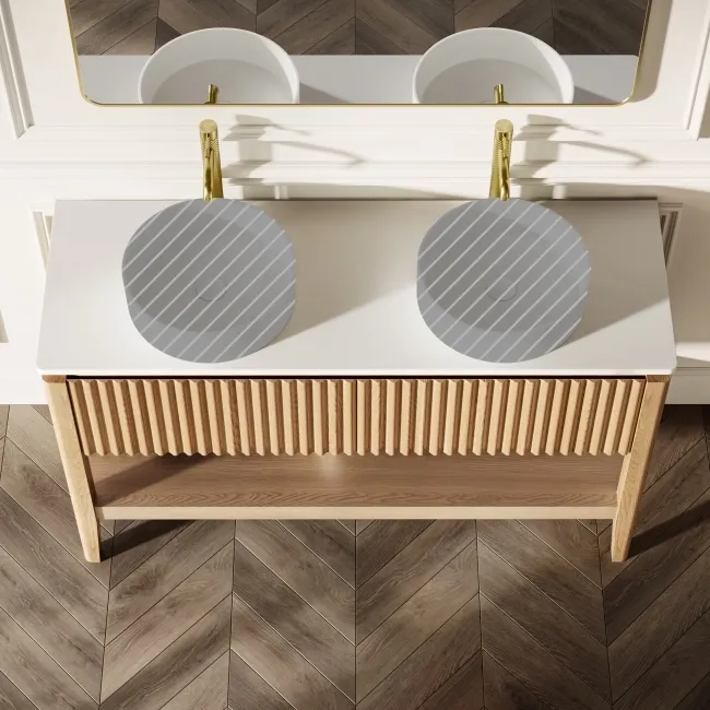 Maru Oak Wood Grain Vanity Cabinet 1400mm with Matt White Stone Top - Basin Not Included