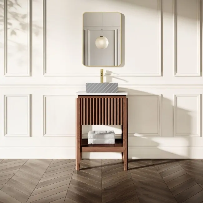 Maru Walnut Wood Grain Vanity Cabinet 600mm with Matt White Stone Top - Basin Not Included