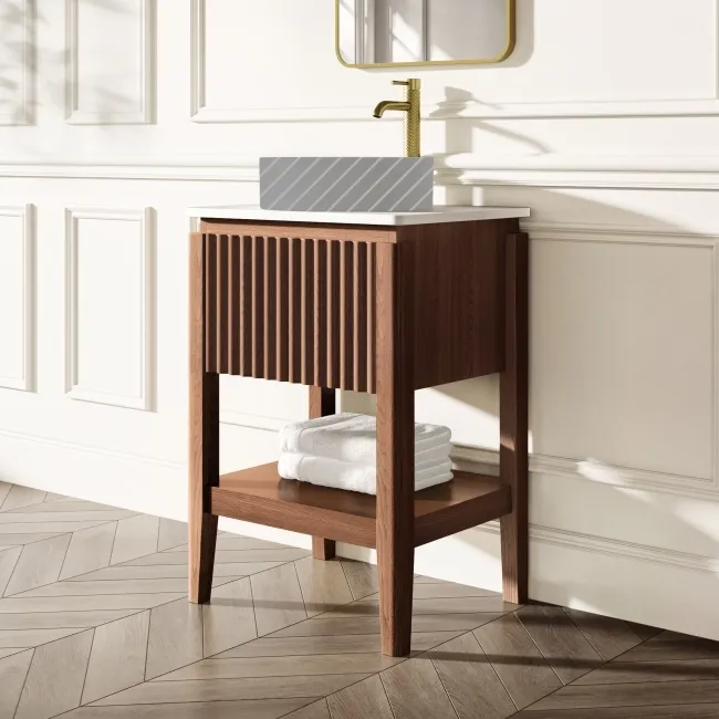 Maru Walnut Wood Grain Vanity Cabinet 600mm with Matt White Stone Top - Basin Not Included