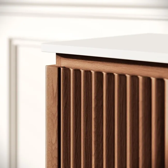 Maru Walnut Wood Grain Vanity Cabinet 600mm with Matt White Stone Top - Basin Not Included