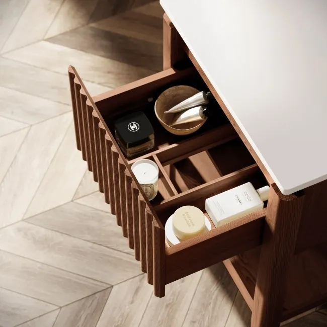 Maru Walnut Wood Grain Vanity Cabinet 600mm with Matt White Stone Top - Basin Not Included