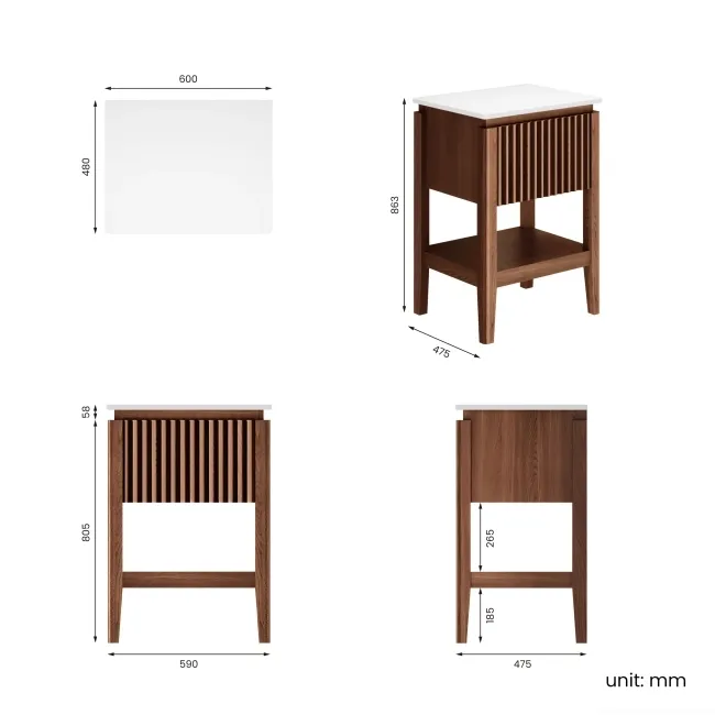 Maru Walnut Wood Grain Vanity Cabinet 600mm with Matt White Stone Top - Basin Not Included