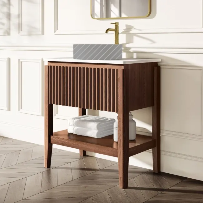 Maru Walnut Wood Grain Vanity Cabinet 800mm with Matt White Stone Top - Basin Not Included