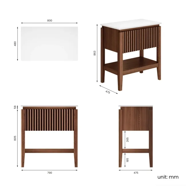 Maru Walnut Wood Grain Vanity Cabinet 800mm with Matt White Stone Top - Basin Not Included