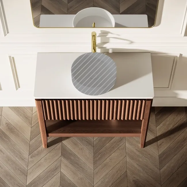 Maru Walnut Wood Grain Vanity Cabinet 1000mm with Matt White Stone Top - Basin Not Included