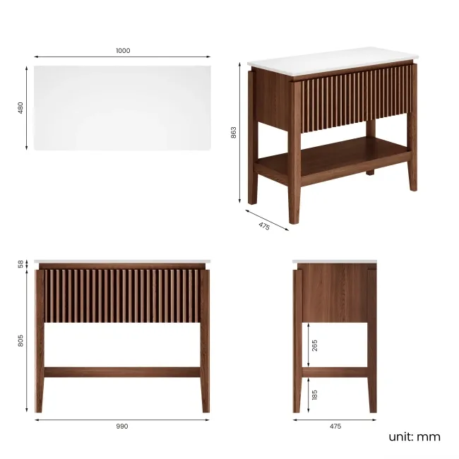 Maru Walnut Wood Grain Vanity Cabinet 1000mm with Matt White Stone Top - Basin Not Included