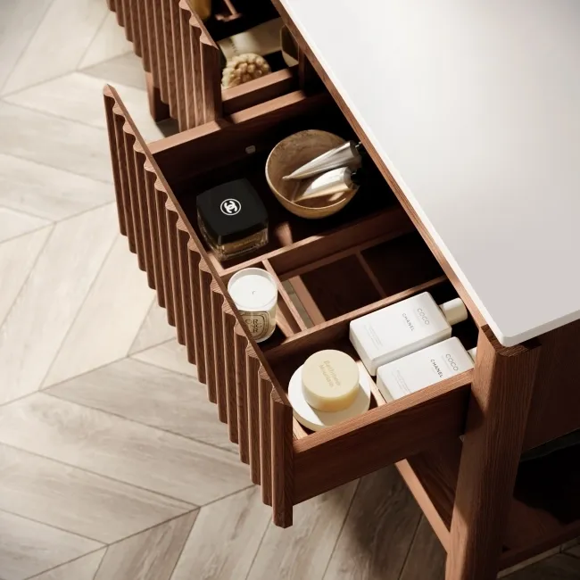 Maru Walnut Wood Grain Vanity Cabinet 1200mm with Matt White Stone Top - Basin Not Included