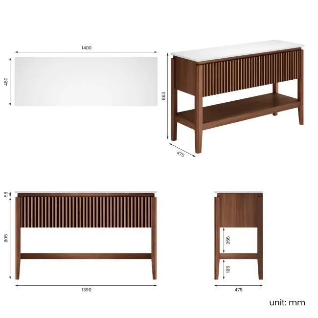 Maru Walnut Wood Grain Vanity Cabinet 1400mm with Matt White Stone Top - Basin Not Included