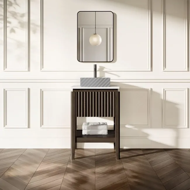 Maru Black Oak Wood Grain Vanity Cabinet 600mm with Matt White Stone Top - Basin Not Included