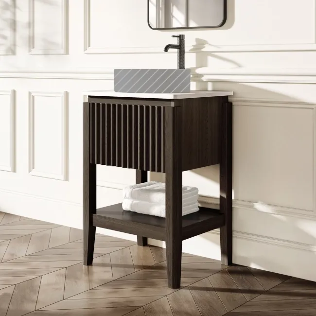 Maru Black Oak Wood Grain Vanity Cabinet 600mm with Matt White Stone Top - Basin Not Included