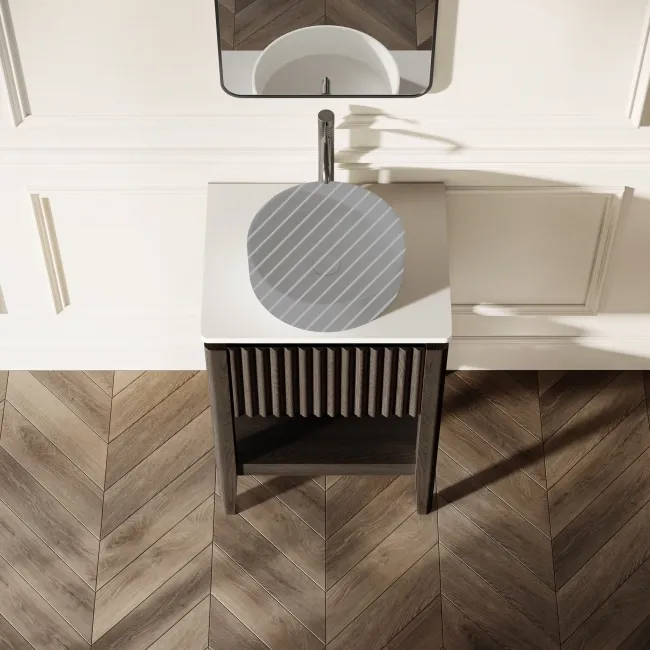 Maru Black Oak Wood Grain Vanity Cabinet 600mm with Matt White Stone Top - Basin Not Included