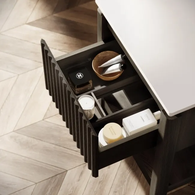 Maru Black Oak Wood Grain Vanity Cabinet 600mm with Matt White Stone Top - Basin Not Included
