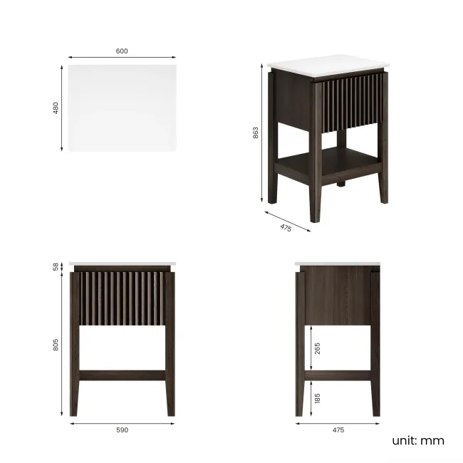 Maru Black Oak Wood Grain Vanity Cabinet 600mm with Matt White Stone Top - Basin Not Included