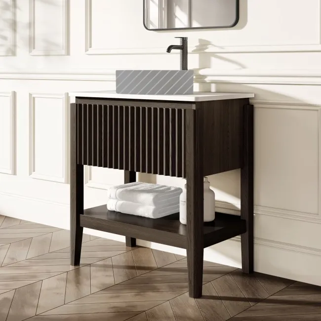Maru Black Oak Wood Grain Vanity Cabinet 800mm with Matt White Stone Top - Basin Not Included