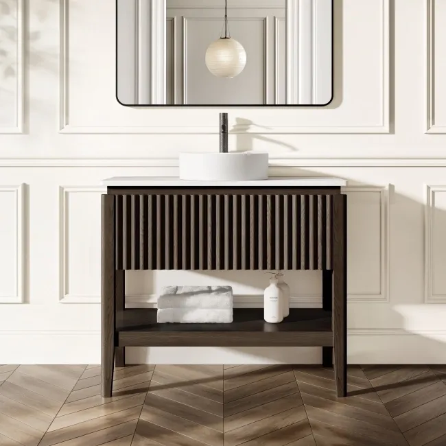 Maru Black Oak Wood Grain Vanity Cabinet 1000mm with Matt White Stone Top - Basin Not Included