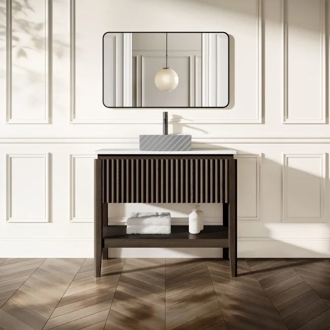 Maru Black Oak Wood Grain Vanity Cabinet 1000mm with Matt White Stone Top - Basin Not Included