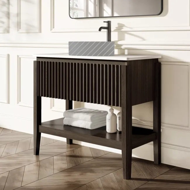 Maru Black Oak Wood Grain Vanity Cabinet 1000mm with Matt White Stone Top - Basin Not Included