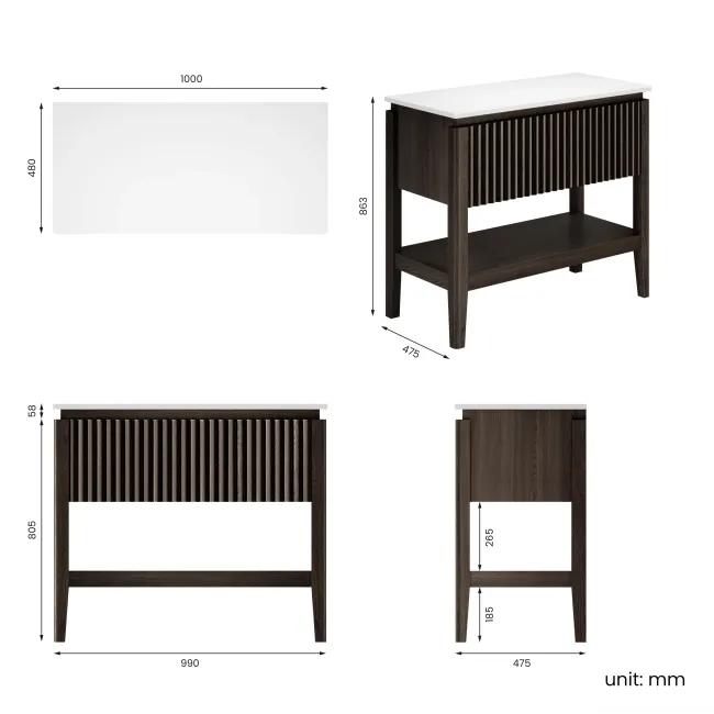 Maru Black Oak Wood Grain Vanity Cabinet 1000mm with Matt White Stone Top - Basin Not Included